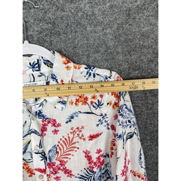 Chico's Linen Shirt Sz 1 (Medium) White w Red and Blue Floral Print Pearl Button - Picture 2 of 11